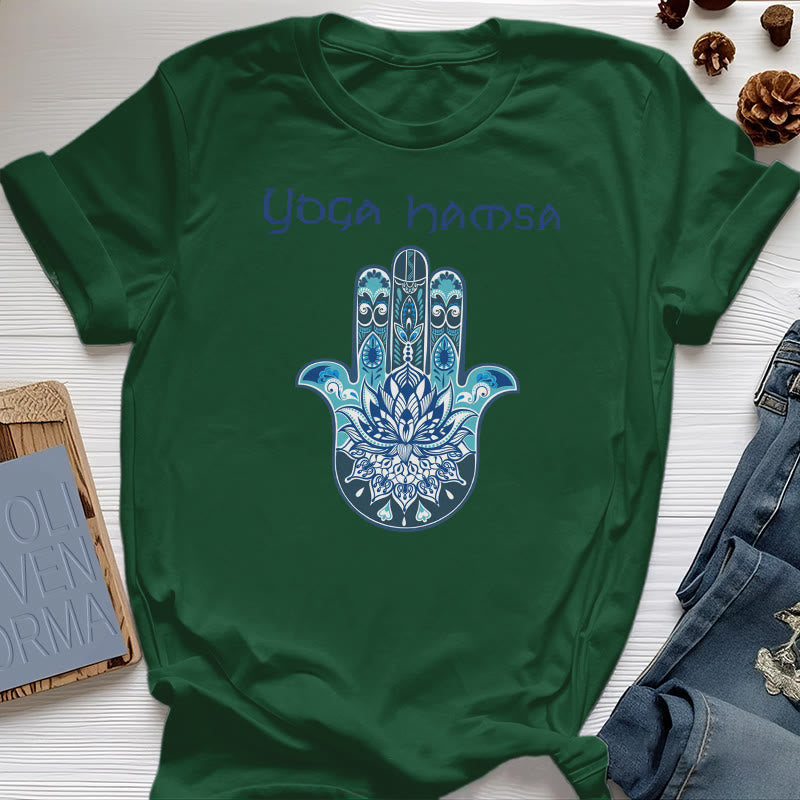 Olivenorma T-shirt comfort con stampa Hamsa Yoga blu