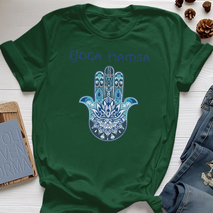 Olivenorma T-shirt comfort con stampa Hamsa Yoga blu