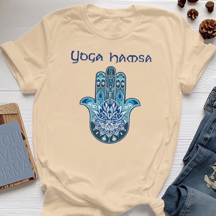 Olivenorma T-shirt comfort con stampa Hamsa Yoga blu - Giallo - 2XL - image 15