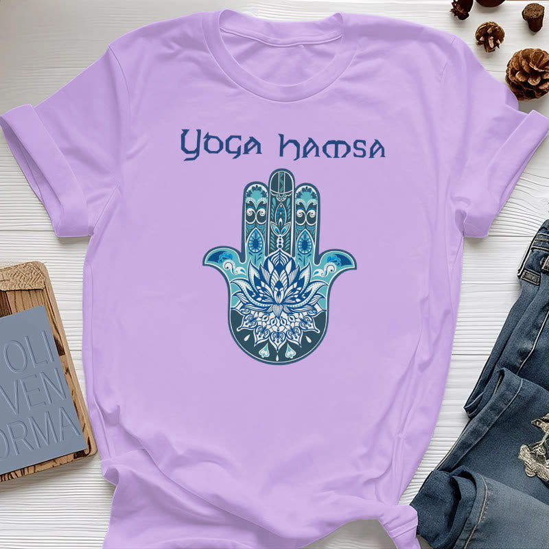 Olivenorma T-shirt comfort con stampa Hamsa Yoga blu