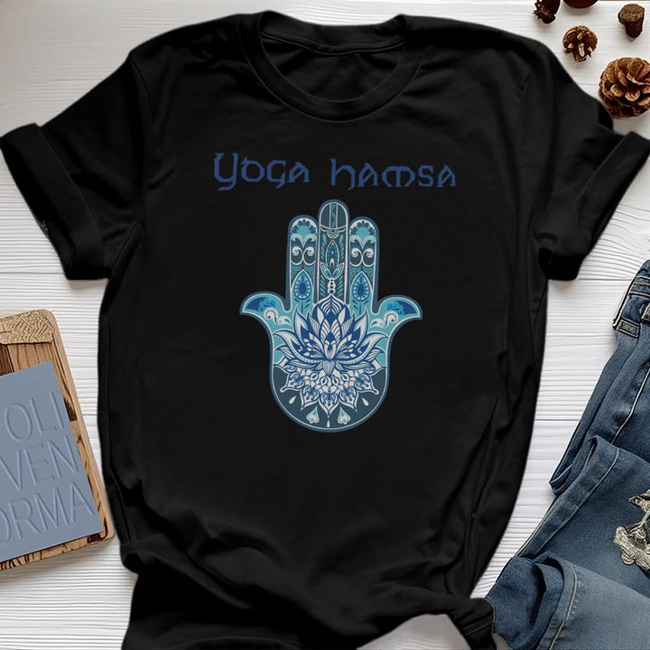 Olivenorma T-shirt comfort con stampa Hamsa Yoga blu