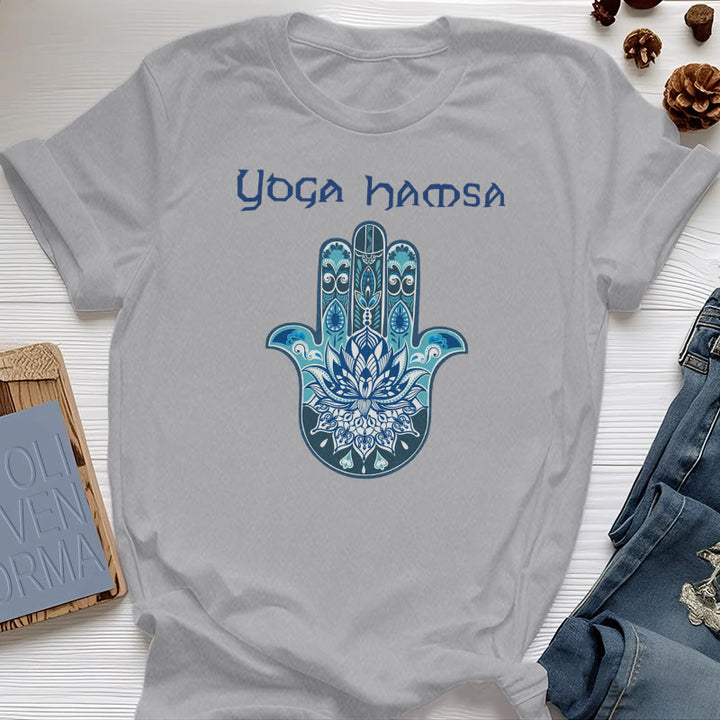 Olivenorma T-shirt comfort con stampa Hamsa Yoga blu