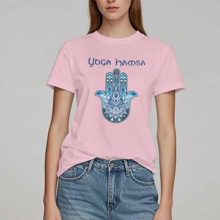 Olivenorma T-shirt comfort con stampa Hamsa Yoga blu