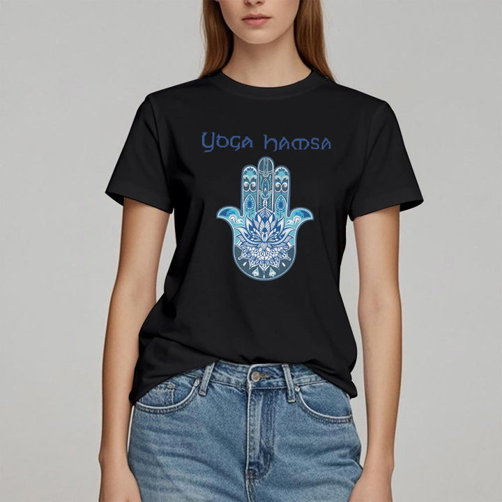 Olivenorma T-shirt comfort con stampa Hamsa Yoga blu