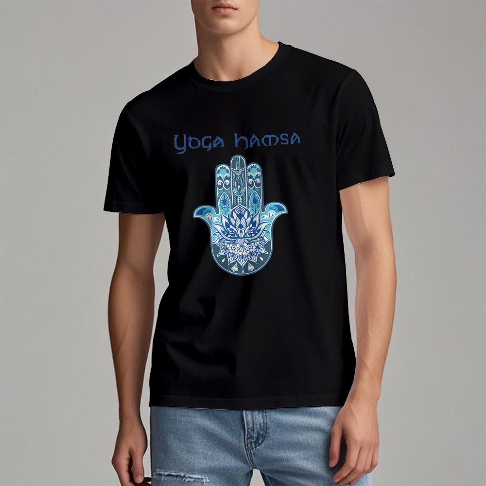 Olivenorma T-shirt comfort con stampa Hamsa Yoga blu