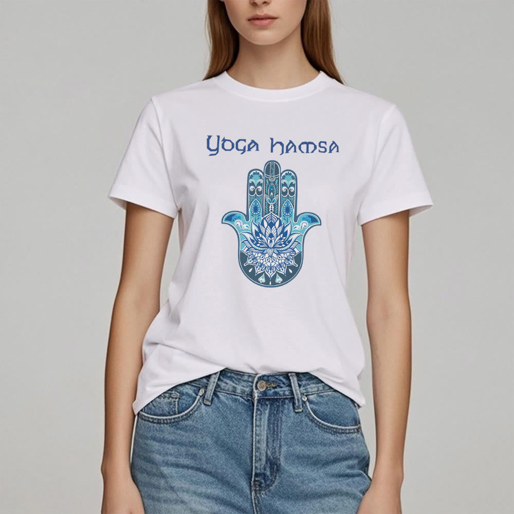 Olivenorma T-shirt comfort con stampa Hamsa Yoga blu