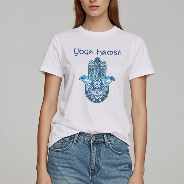 Olivenorma T-shirt comfort con stampa Hamsa Yoga blu