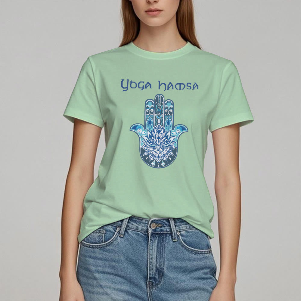 Olivenorma T-shirt comfort con stampa Hamsa Yoga blu