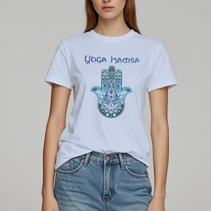 Olivenorma T-shirt comfort con stampa Hamsa Yoga blu