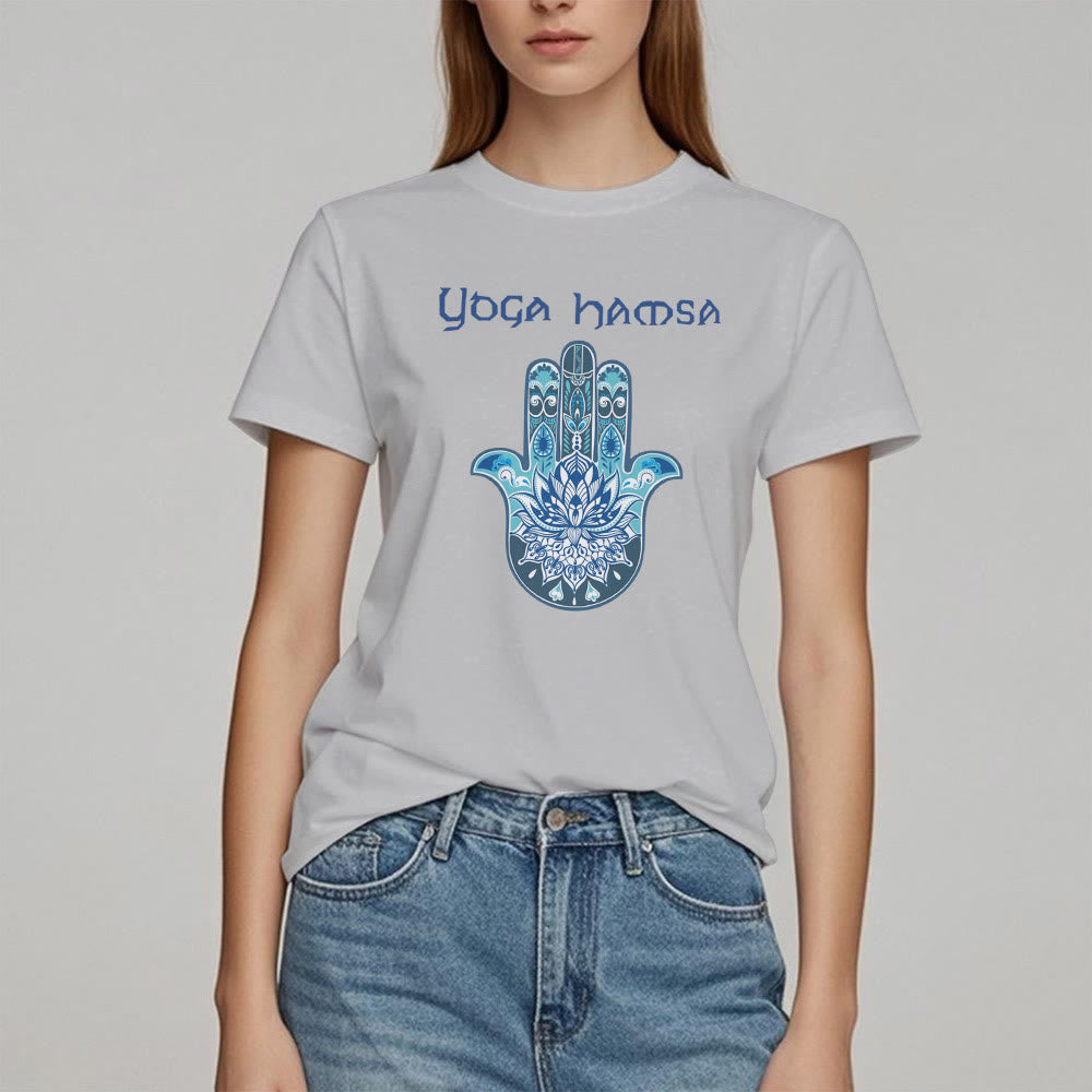Olivenorma T-shirt comfort con stampa Hamsa Yoga blu