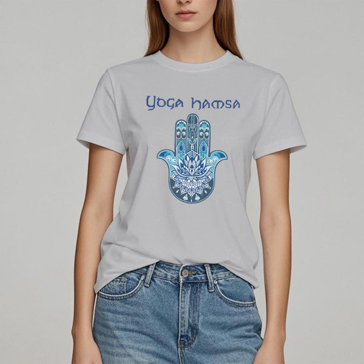 Olivenorma T-shirt comfort con stampa Hamsa Yoga blu