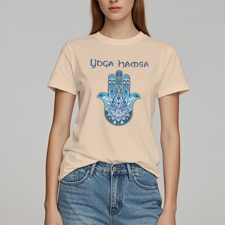 Olivenorma T-shirt comfort con stampa Hamsa Yoga blu