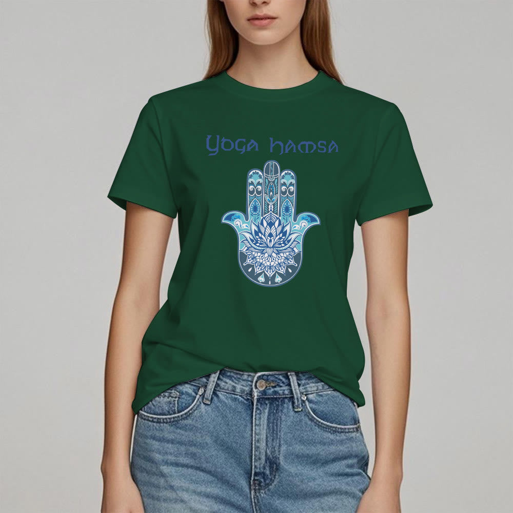 Olivenorma T-shirt comfort con stampa Hamsa Yoga blu