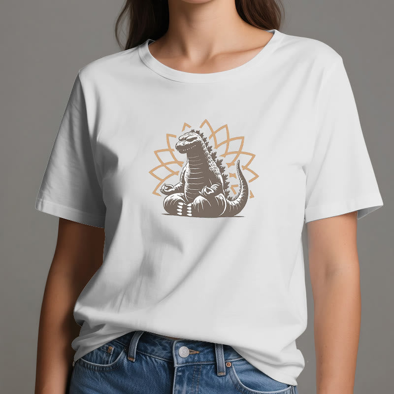 Maglietta divertente Olivenorma con dinosauro e meditazione yoga
