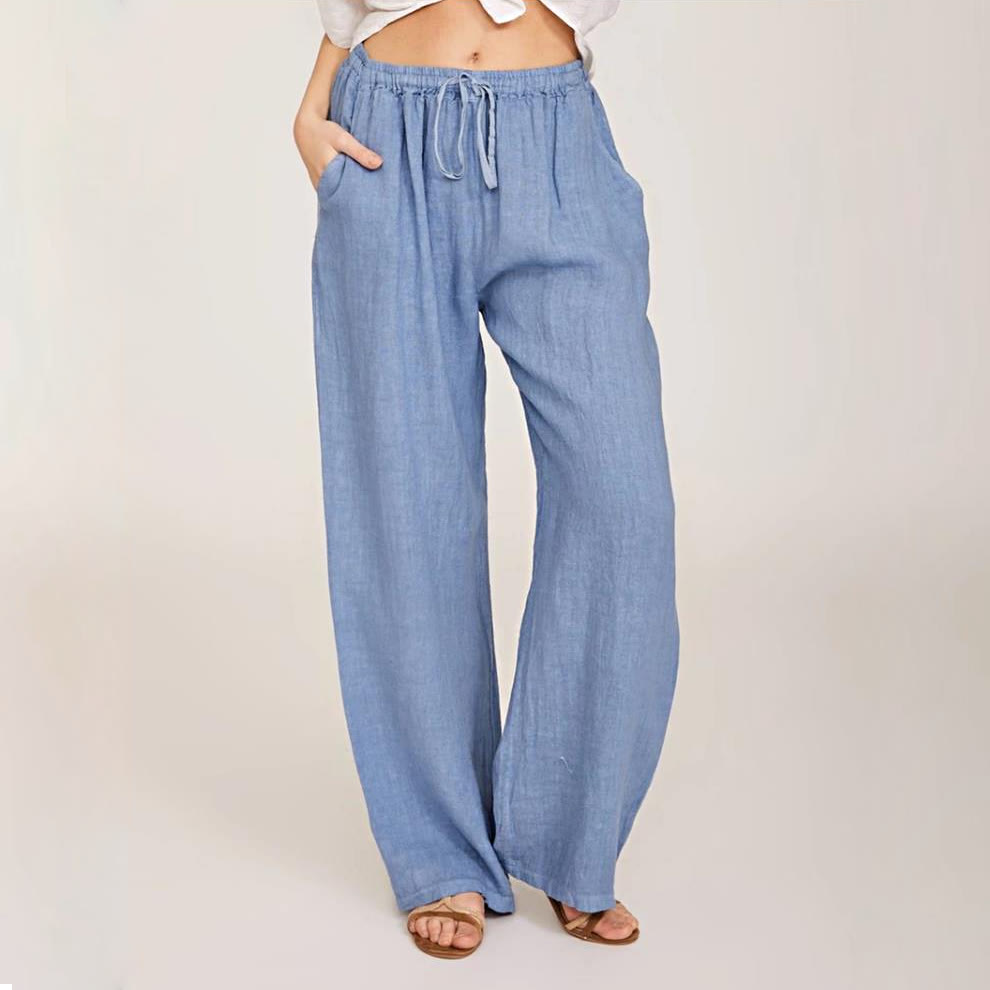 Pantaloni a gamba larga in cotone e lino da donna Olivenorma - Azzurro chiaro - 3XL - image 0