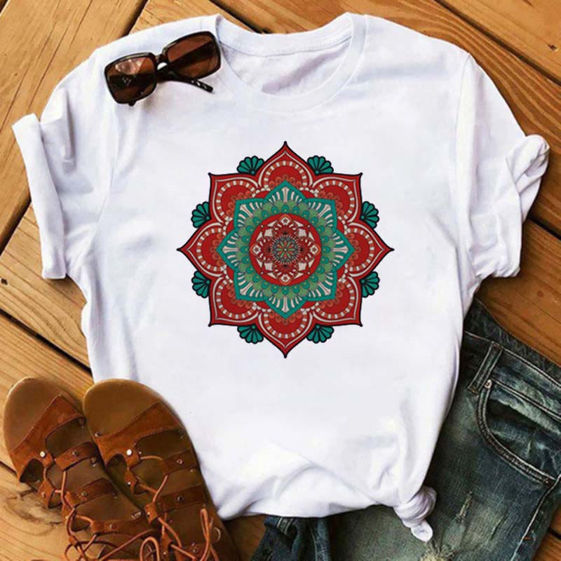Maglietta bianca con stampa geometrica di loto colorata Olivenorma - Loto rosso e verde - 2XL - image 5