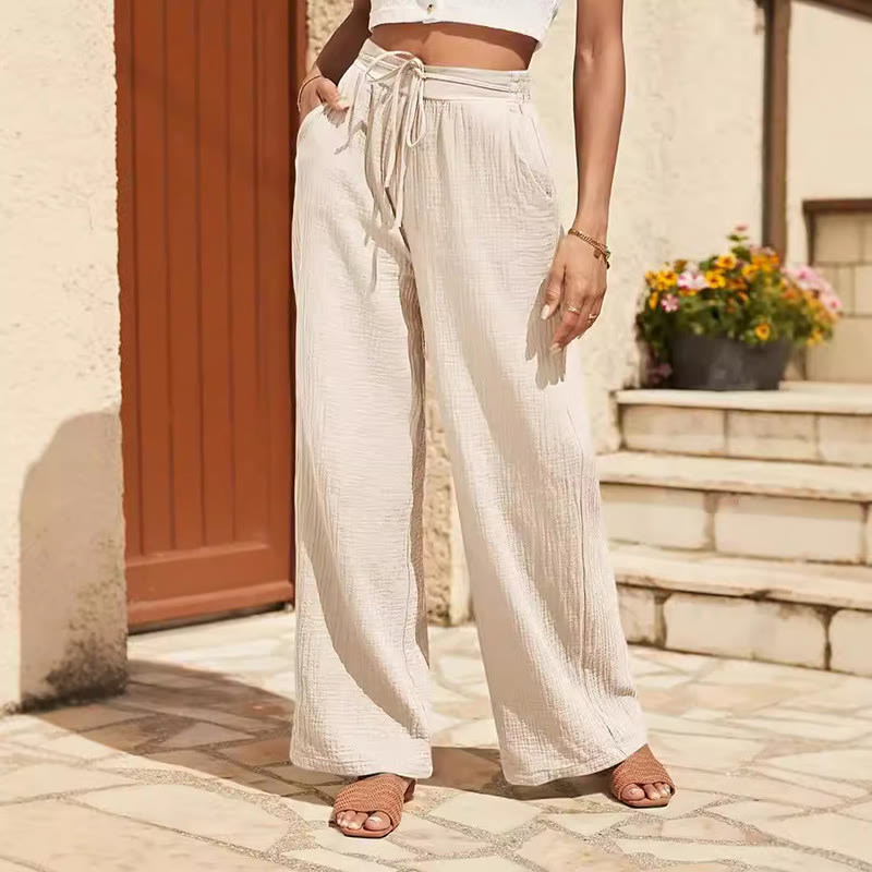 Olivenorma Pantaloni estivi da donna, casual, a vita alta, con coulisse, tinta unita, vestibilità ampia - Beige - XXL - image 1