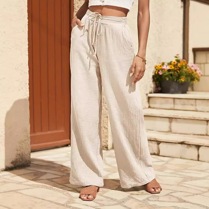 Olivenorma Pantaloni estivi da donna, casual, a vita alta, con coulisse, tinta unita, vestibilità ampia - Beige - XXL - image 1