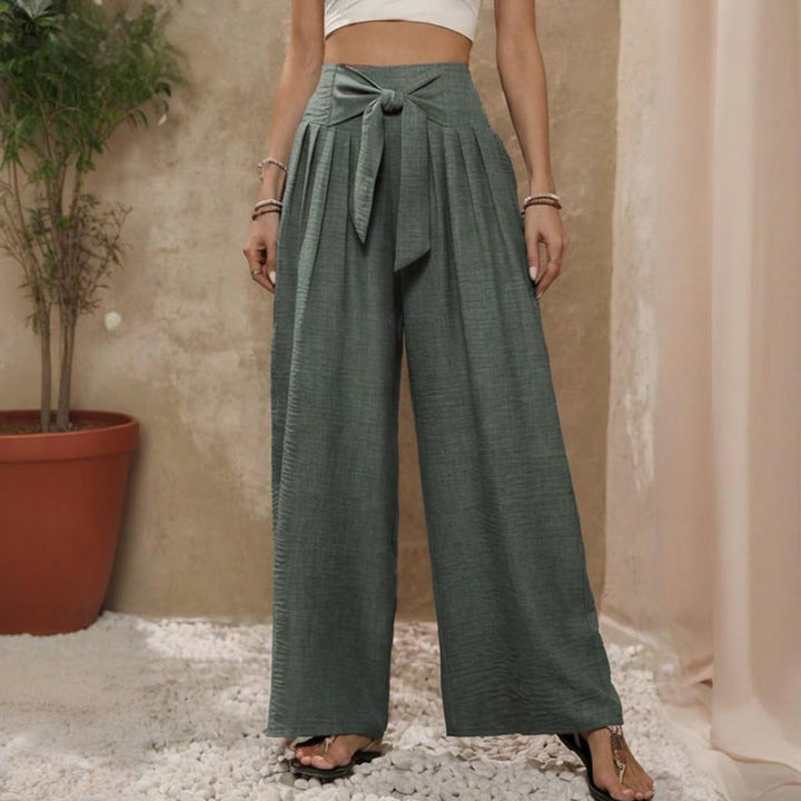 Olivenorma - Pantaloni larghi da donna a gamba larga, con nodo regolabile e vita alta, tinta unita - Verde - XXL - image 6