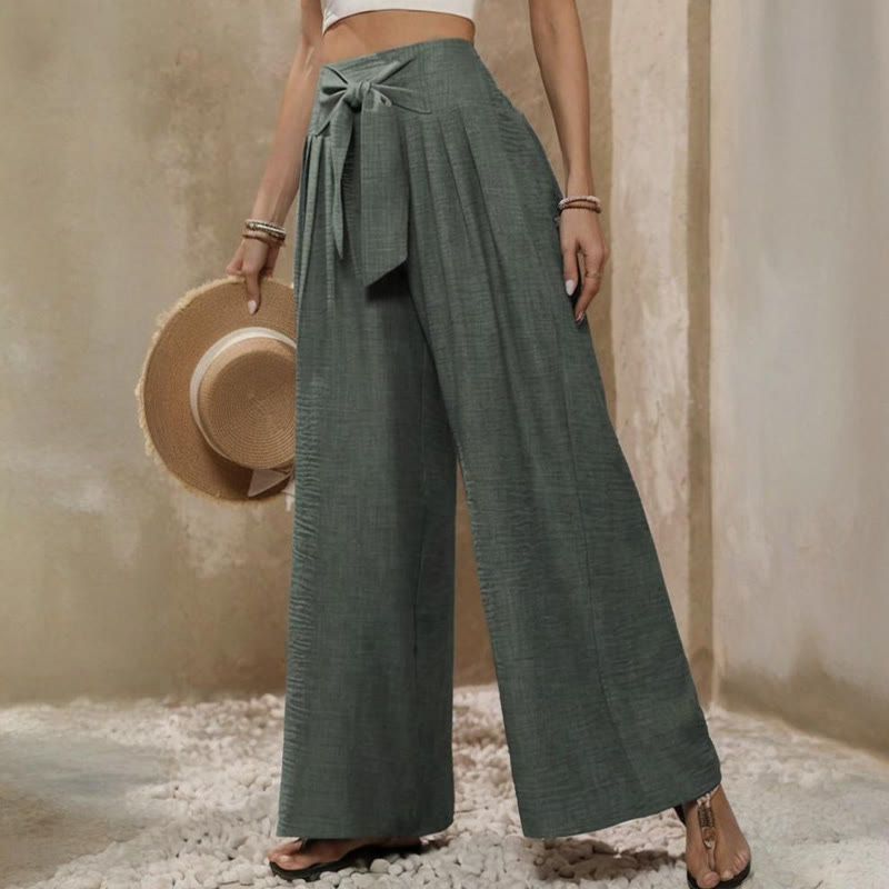 Olivenorma - Pantaloni larghi da donna a gamba larga, con nodo regolabile e vita alta, tinta unita - image 7