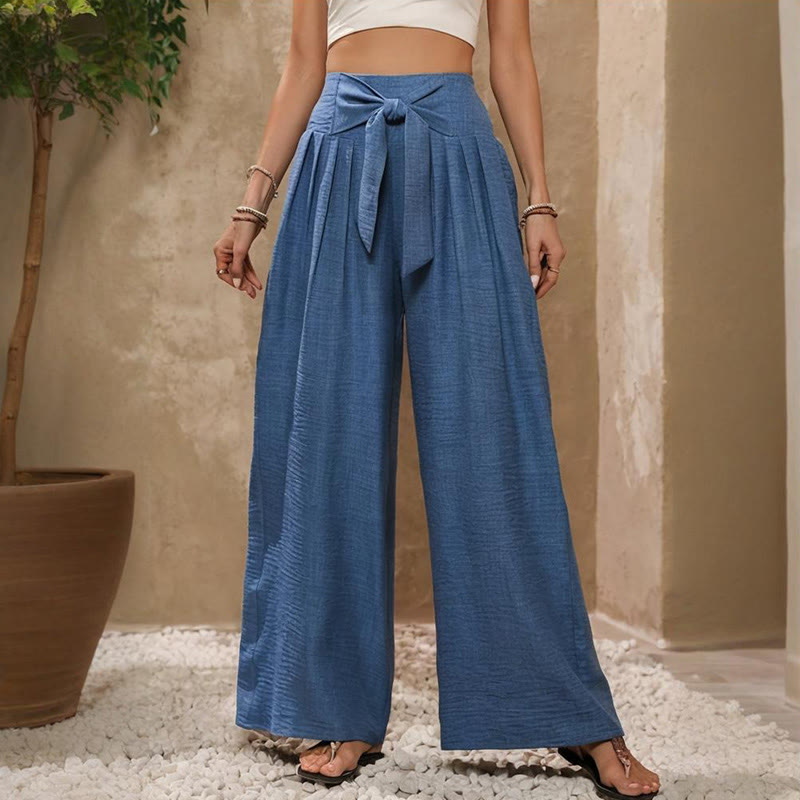 Olivenorma - Pantaloni larghi da donna a gamba larga, con nodo regolabile e vita alta, tinta unita - image 5