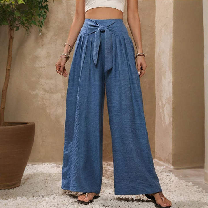 Olivenorma - Pantaloni larghi da donna a gamba larga, con nodo regolabile e vita alta, tinta unita - image 5