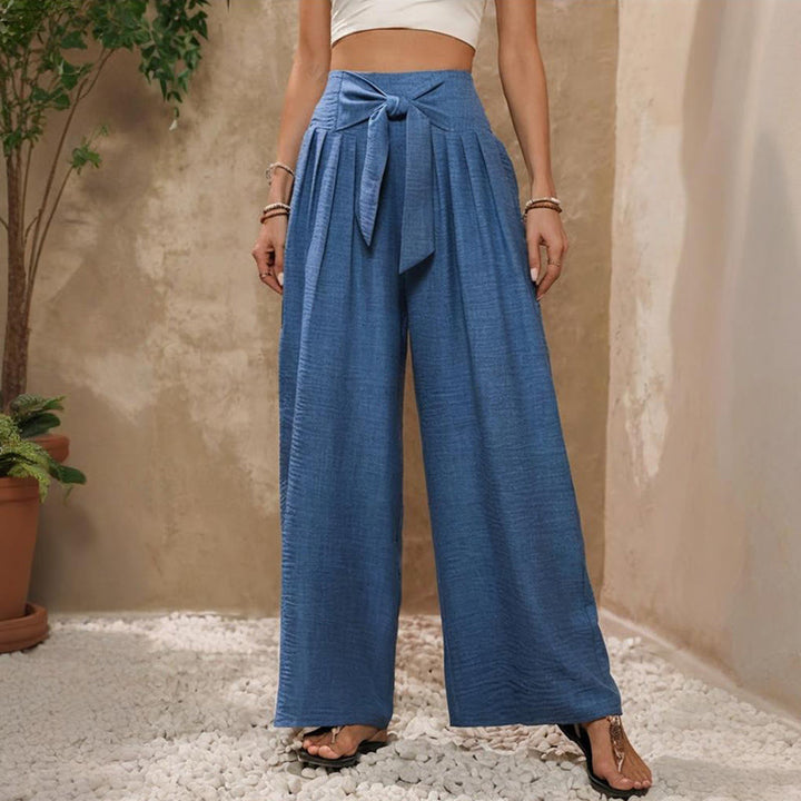 Olivenorma - Pantaloni larghi da donna a gamba larga, con nodo regolabile e vita alta, tinta unita - Blu - XXL - image 1