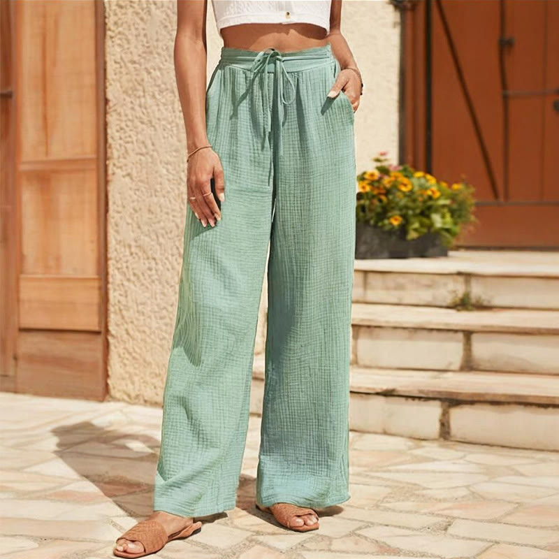 Olivenorma - Pantaloni larghi da donna elasticizzati in lino tinta unita, a vita media, con tasche - Verde - L - image 3