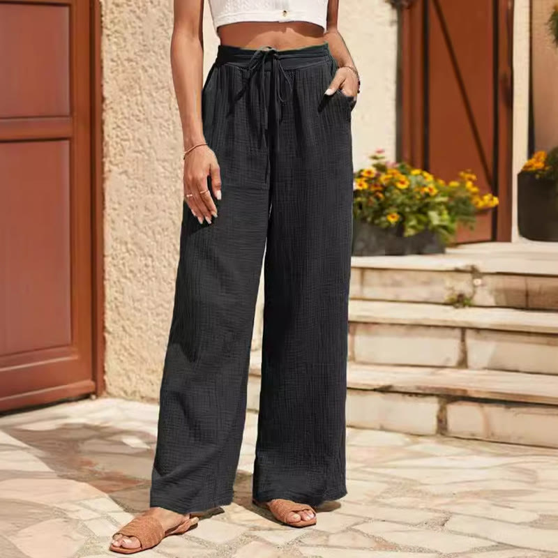 Olivenorma - Pantaloni larghi da donna elasticizzati in lino tinta unita, a vita media, con tasche - Nero - L - image 0