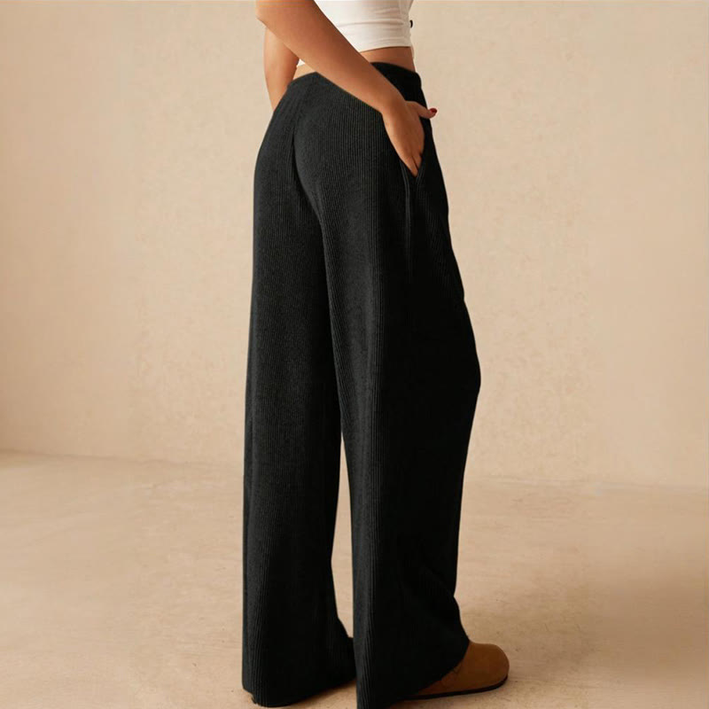 Olivenorma Pantaloni da donna a gamba dritta elasticizzati a vita alta casual tinta unita - image 19