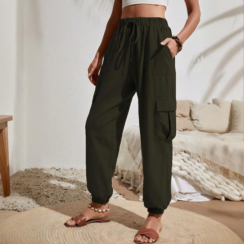 Olivenorma - Pantaloni cargo da trekking con coulisse a vita alta, tinta unita, da donna - Verde oliva scuro - XL - image 7