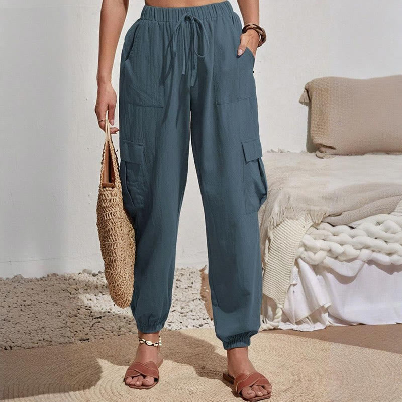 Olivenorma - Pantaloni cargo da trekking con coulisse a vita alta, tinta unita, da donna - image 23