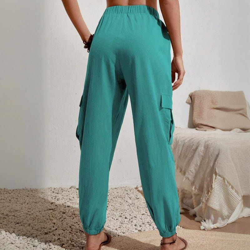 Olivenorma - Pantaloni cargo da trekking con coulisse a vita alta, tinta unita, da donna - image 20