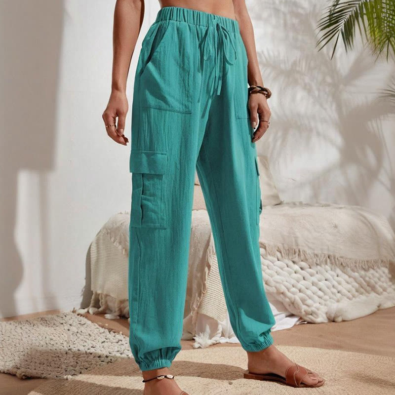 Olivenorma - Pantaloni cargo da trekking con coulisse a vita alta, tinta unita, da donna - image 21