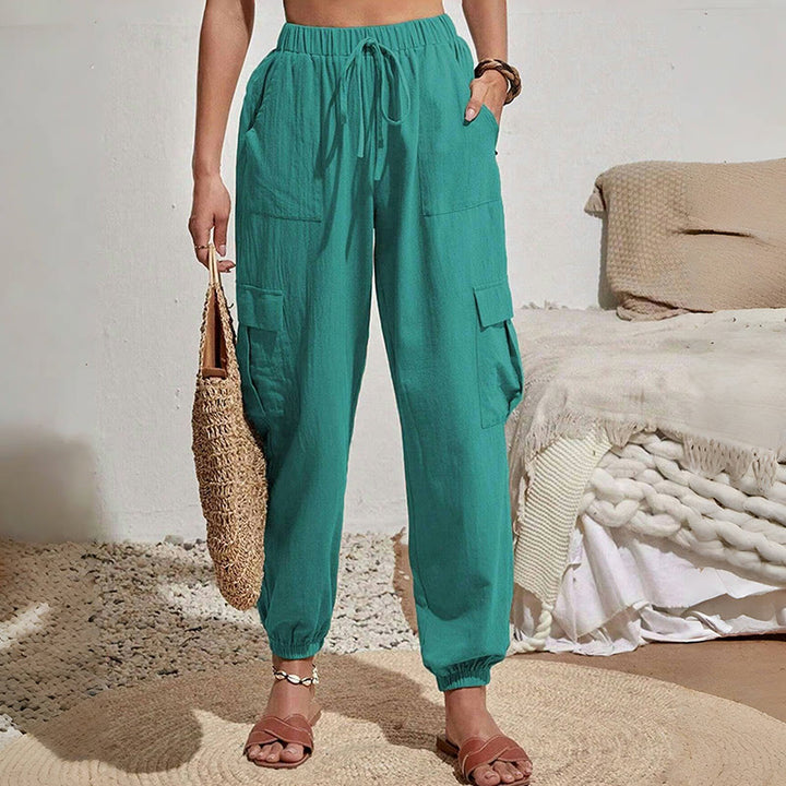 Olivenorma - Pantaloni cargo da trekking con coulisse a vita alta, tinta unita, da donna - image 20