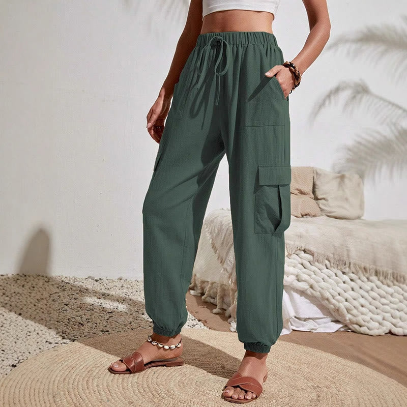 Olivenorma - Pantaloni cargo da trekking con coulisse a vita alta, tinta unita, da donna - SeaGreen - XL - image 11