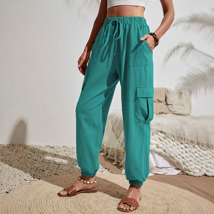 Olivenorma - Pantaloni cargo da trekking con coulisse a vita alta, tinta unita, da donna - Turchese scuro - XL - image 19