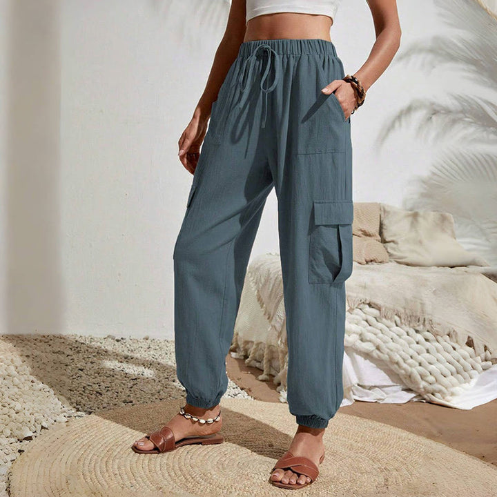 Olivenorma - Pantaloni cargo da trekking con coulisse a vita alta, tinta unita, da donna - SteelBlue - XL - image 22