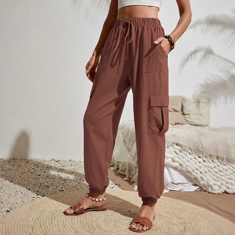 Olivenorma - Pantaloni cargo da trekking con coulisse a vita alta, tinta unita, da donna - Siena - XL - image 14