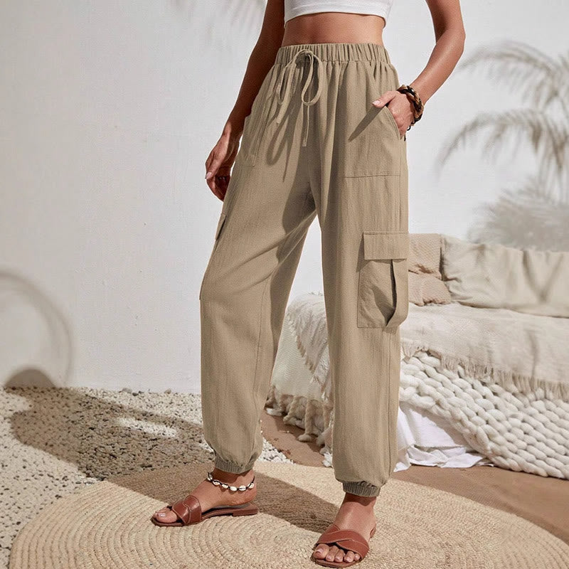 Olivenorma - Pantaloni cargo da trekking con coulisse a vita alta, tinta unita, da donna - Cachi - XL - image 0