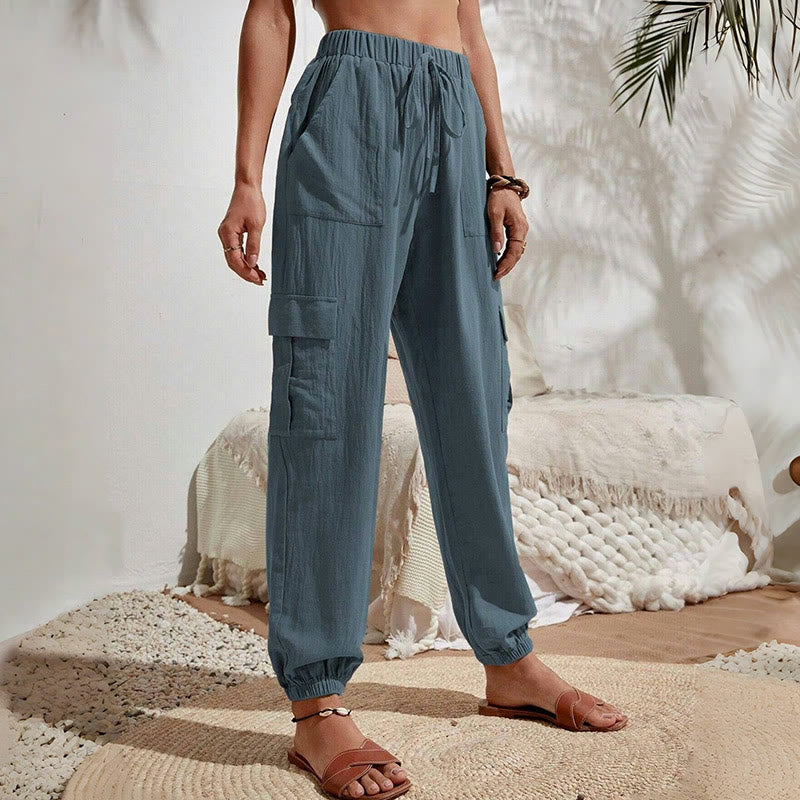 Olivenorma - Pantaloni cargo da trekking con coulisse a vita alta, tinta unita, da donna - image 25