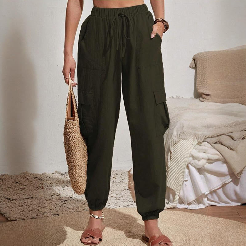 Olivenorma - Pantaloni cargo da trekking con coulisse a vita alta, tinta unita, da donna - image 8