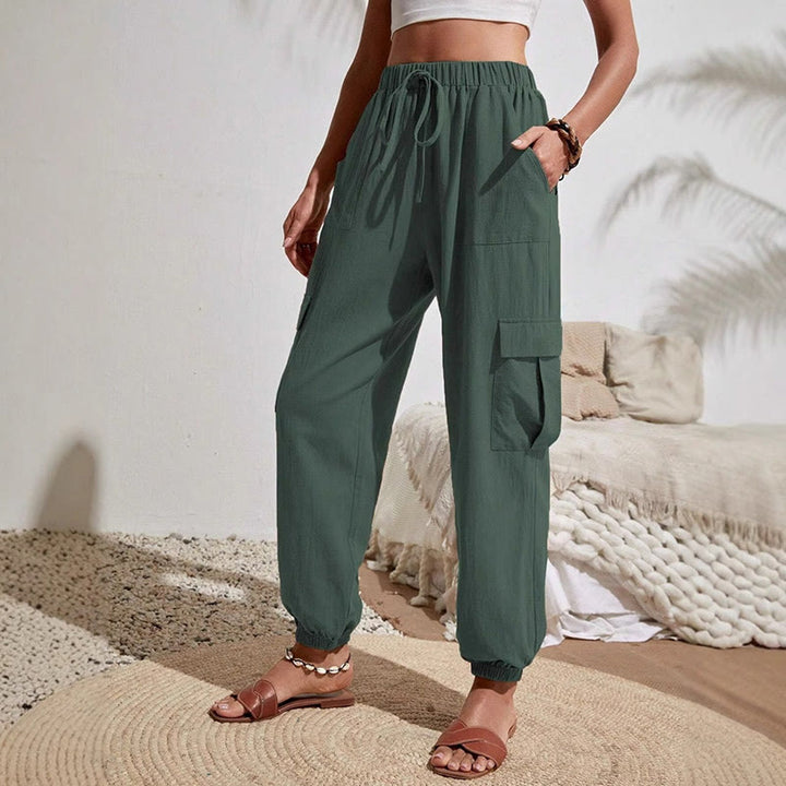 Olivenorma - Pantaloni cargo da trekking con coulisse a vita alta, tinta unita, da donna - SeaGreen - XL - image 10