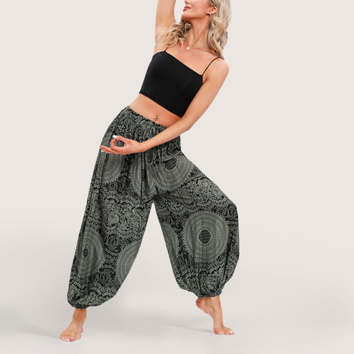 Olivenorma Pantaloni harem elasticizzati con stampa boho fluida da donna