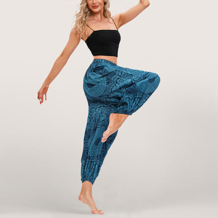 Olivenorma Pantaloni harem elasticizzati con stampa boho fluida da donna - image 10