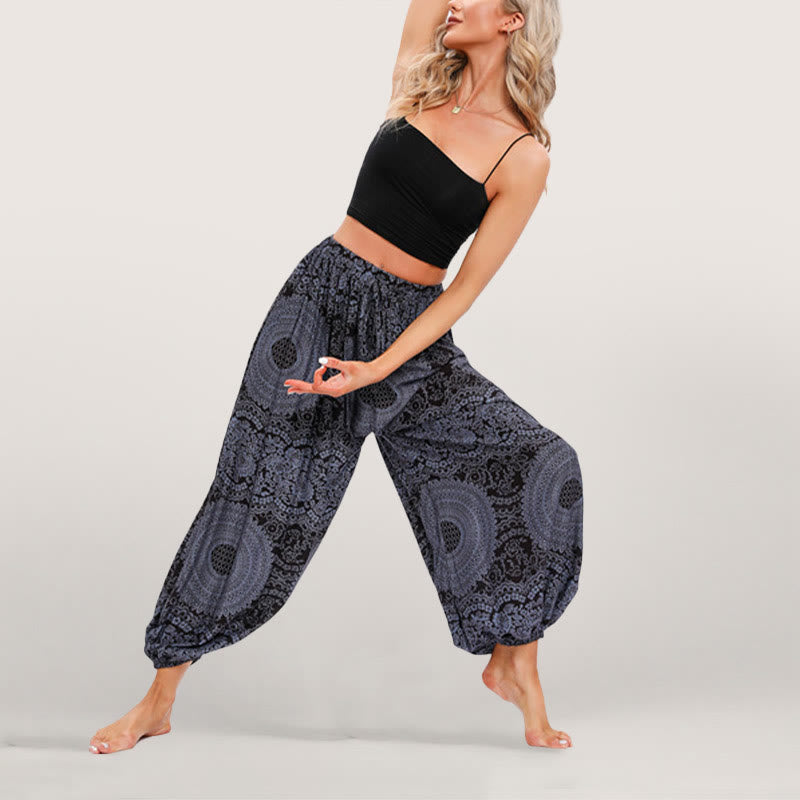 Olivenorma Pantaloni harem elasticizzati con stampa boho fluida da donna - image 5
