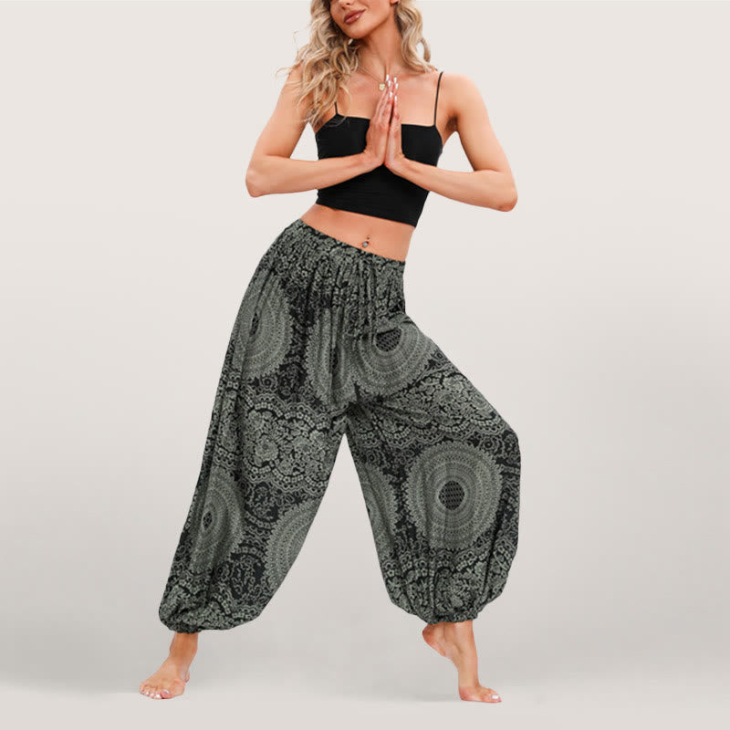 Olivenorma Pantaloni harem elasticizzati con stampa boho fluida da donna - Verde - image 0