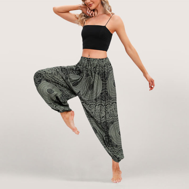 Olivenorma Pantaloni harem elasticizzati con stampa boho fluida da donna - image 2