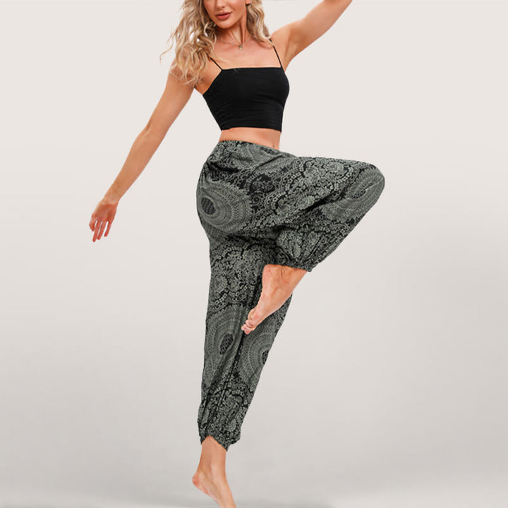 Olivenorma Pantaloni harem elasticizzati con stampa boho fluida da donna - image 3