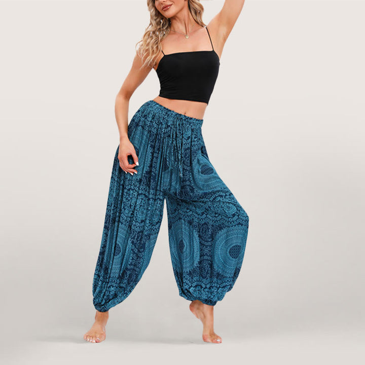 Olivenorma Pantaloni harem elasticizzati con stampa boho fluida da donna